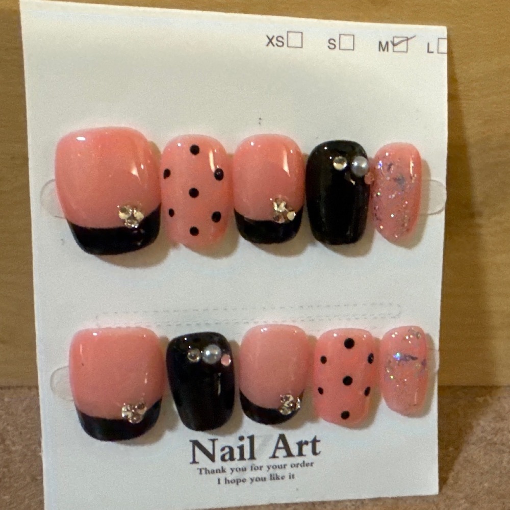 Pink and Black Press On Nails French Tip Polka Dot Glitter Rhinestone Size M